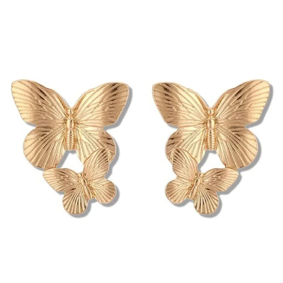 Gold Double Butterfly Wings Stud Earrings - Picture 2 of 4